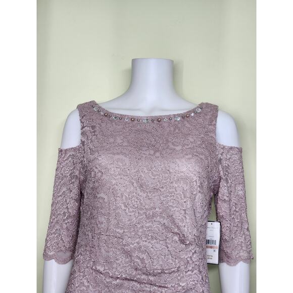 Jessica Howard Lace Sequin Dress Cold Size 12 Pink Beaded Sheath Classic Luxe - Picture 3 of 12